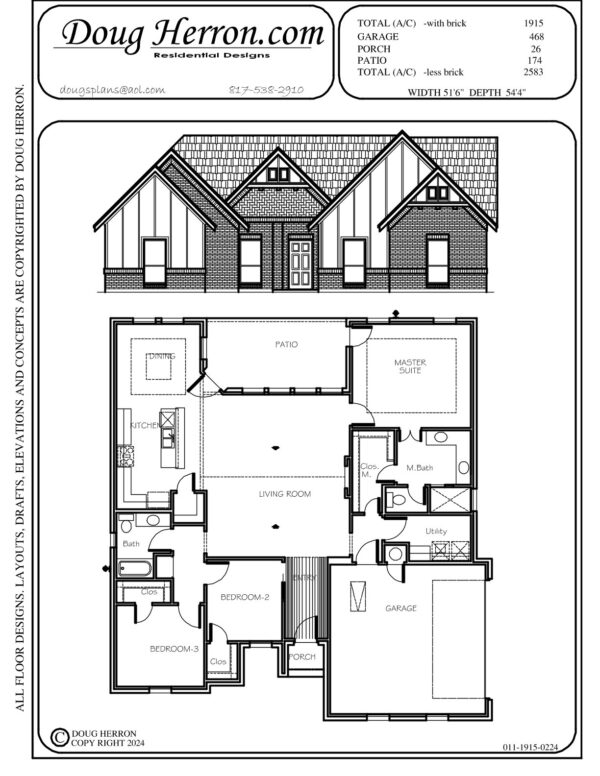 3 bedrooms, 2 bathrooms house plan